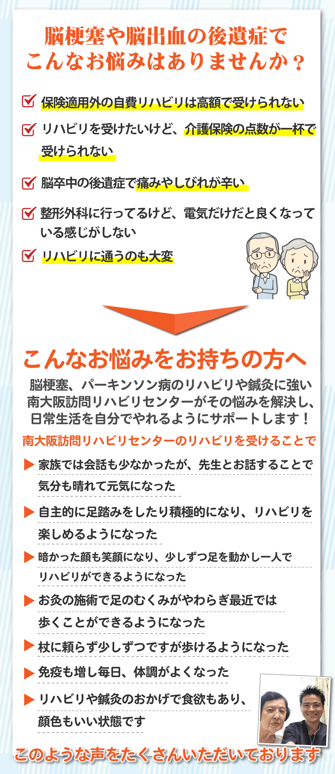 脳梗塞や脳出血の後遺症でこんなお悩みはありませんか？ 保険適用外の自費リハビリは高額で受けられない リハビリを受けたいけど、介護保険の点数が一杯で受けられない 脳卒中の後遺症で痛みやしびれが辛い 整形外科に行ってるけど、電気だけだと良くなっている感じがしない リハビリに通うのも大変 こんなお悩みをお持ちの方へ 脳梗塞、パーキンソン病のリハビリや鍼灸に強い南大阪訪問リハビリセンターがその悩みを解決し、日常生活を自分でやれるようにサポートします！ 南大阪訪問リハビリセンターのリハビリを受けることで 家族では会話も少なかったが、先生とお話することで気分も晴れて元気になった 自主的に足踏みをしたり積極的になり、リハビリを楽しめるようになった 暗かった顔も笑顔になり、少しずつ足を動かし一人でリハビリができるようになった お灸の施術で足のむくみがやわらぎ最近では歩くことができるようになった 杖に頼らず少しずつですが歩けるようになった 免疫も増し毎日、体調がよくなった リハビリや鍼灸のおかげで食欲もあり、顔色もいい状態です このような声をたくさんいただいております