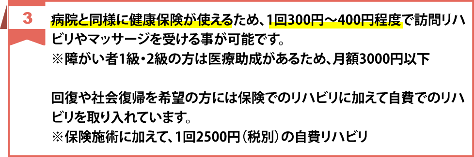 病院と同様に健康保険が使えるため、1回300円～400円程度で訪問リハビリやマッサージを受ける事が可能です。※障がい者1級・2級の方は医療助成があるため、月額3000円以下