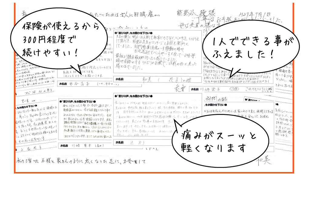 保険が使えるから300円程度で続けやすい！ 1人でできる事がふえました！ 痛みがスーッと軽くなります